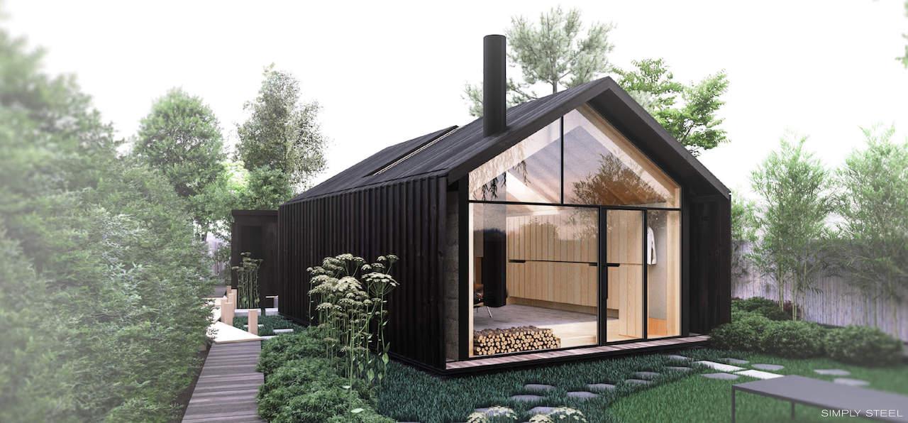 Een tiny house met glazen gevel en stalen pui