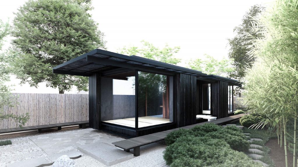 Tiny house met glazen pui om buiten naar binnen te halen